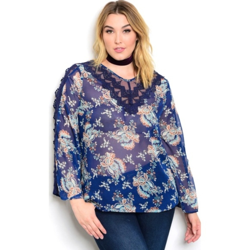 Boho Floral Blouse long sleeve sheer blue top Plus